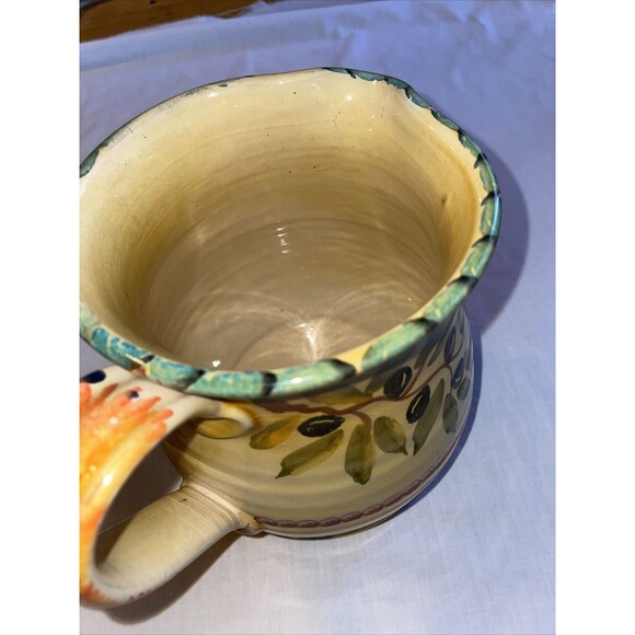 Italica ARS Pottery Pitcher 7” Tall 5” Wide Yellow Beige Olive Branch Handle - Picture 10 of 12
